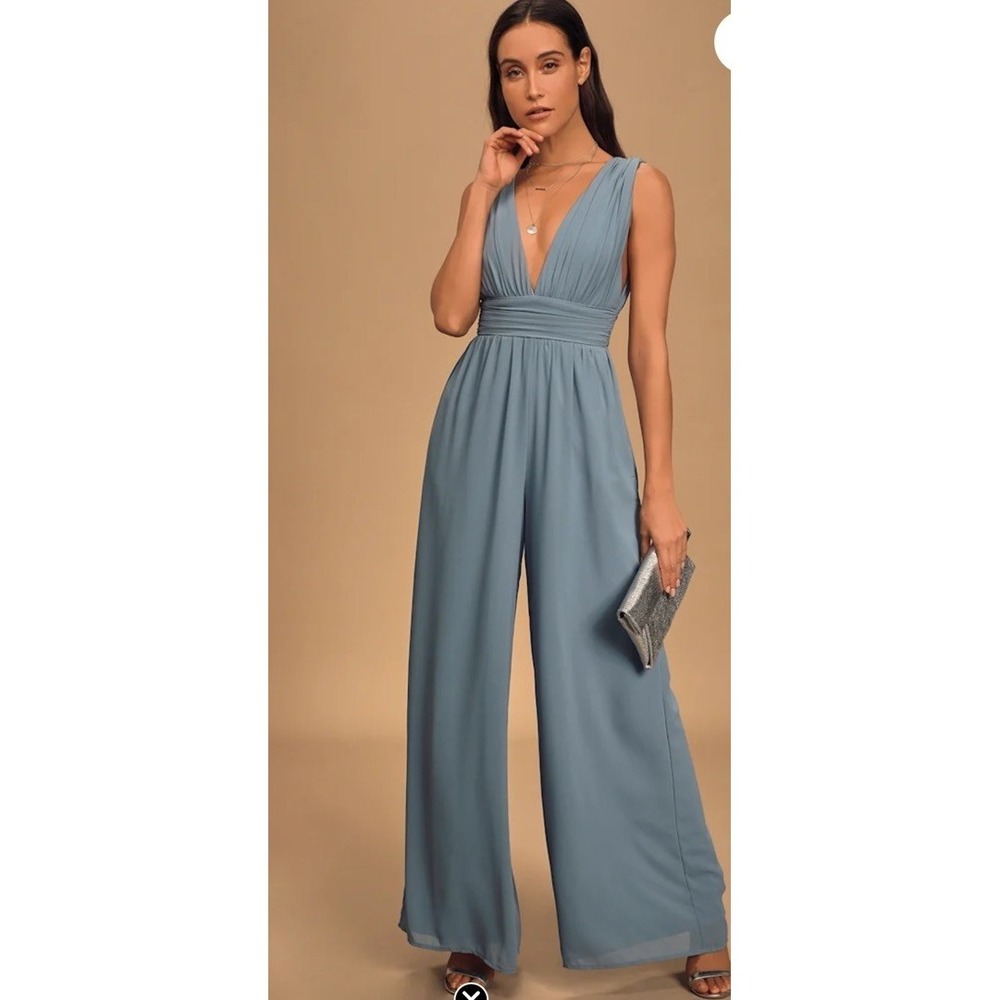 Lulus Divine Muse Slate Blue Wide Leg Jumpsuit Plunging V Neck Chiffon S Lined‎